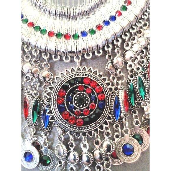 Bohemian Silver Statement Necklace With Multicolor Gem Accents & Dangle Coins - Picture 2 of 6